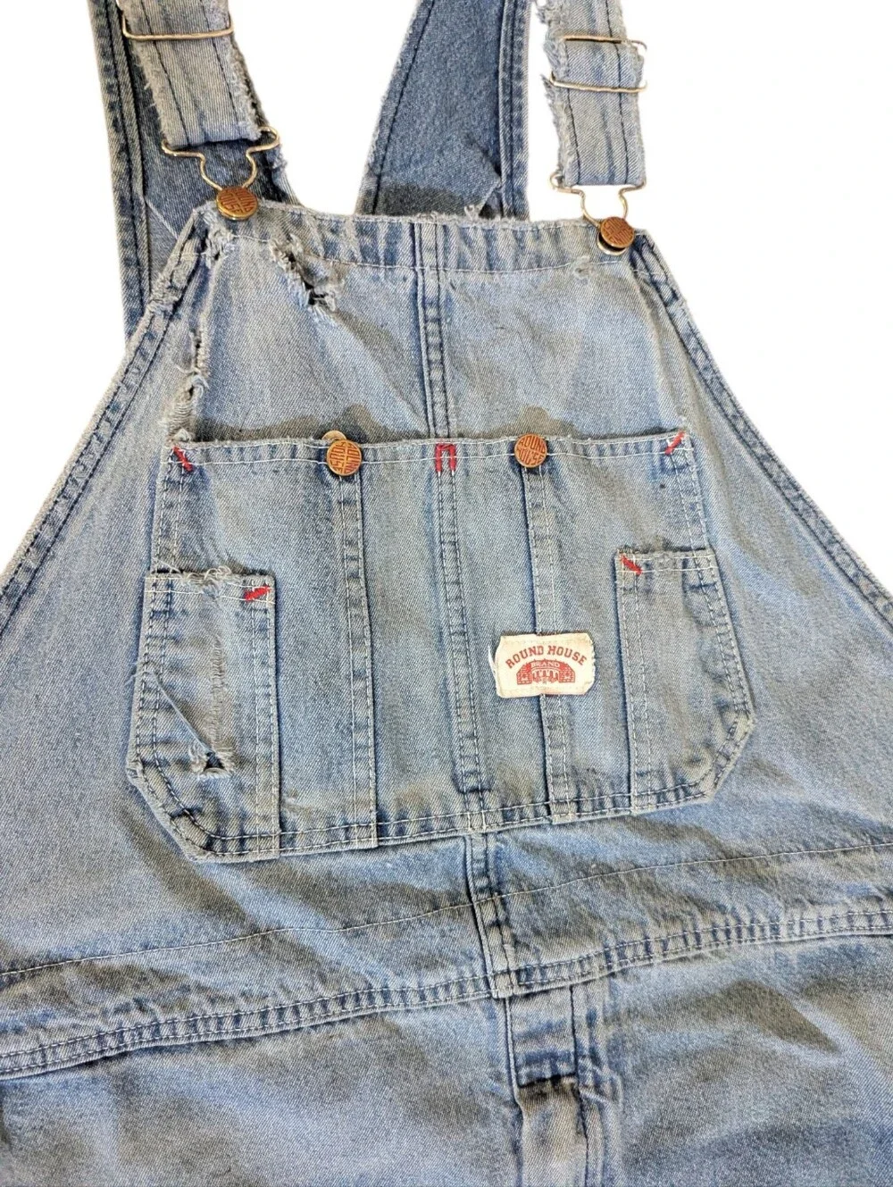 Vtg. Round House Light Blue Denim Overalls Authentic Kansas Farmer Thrashed